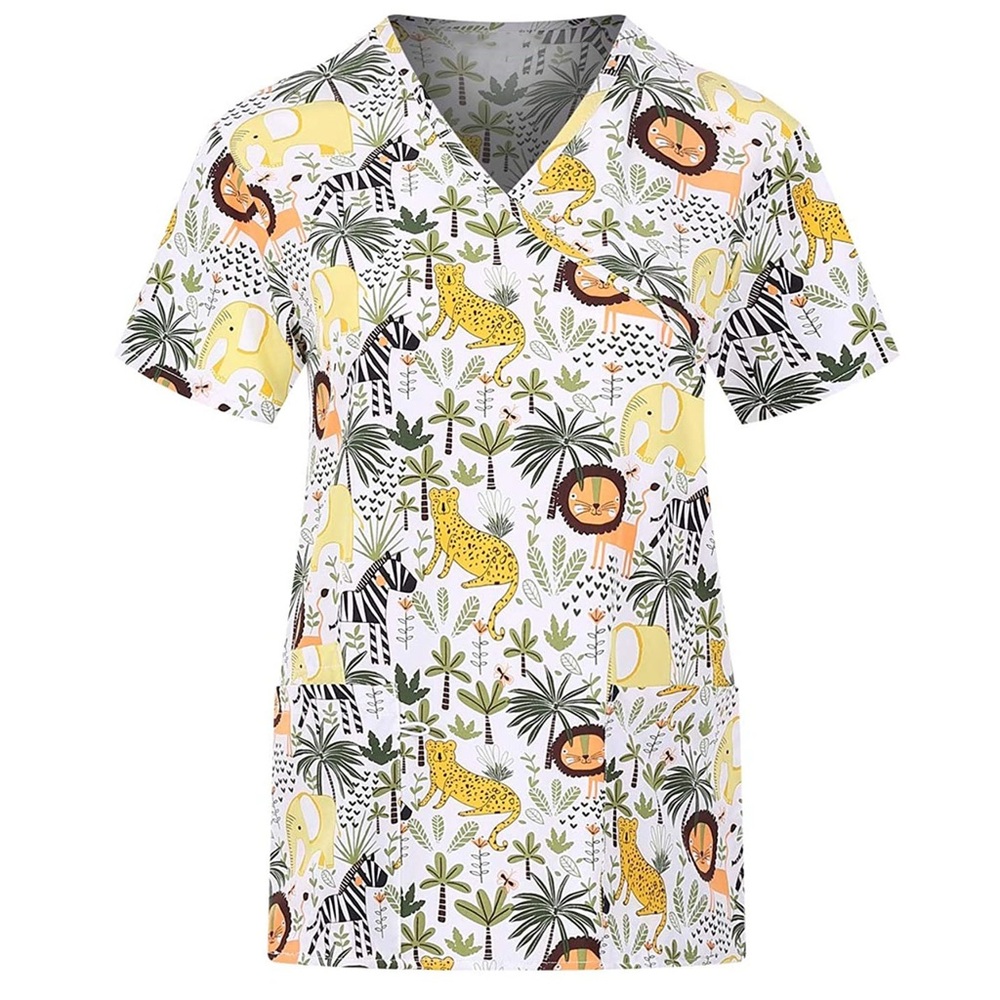Jungle Themed Scrub Top V-Neck Size Large